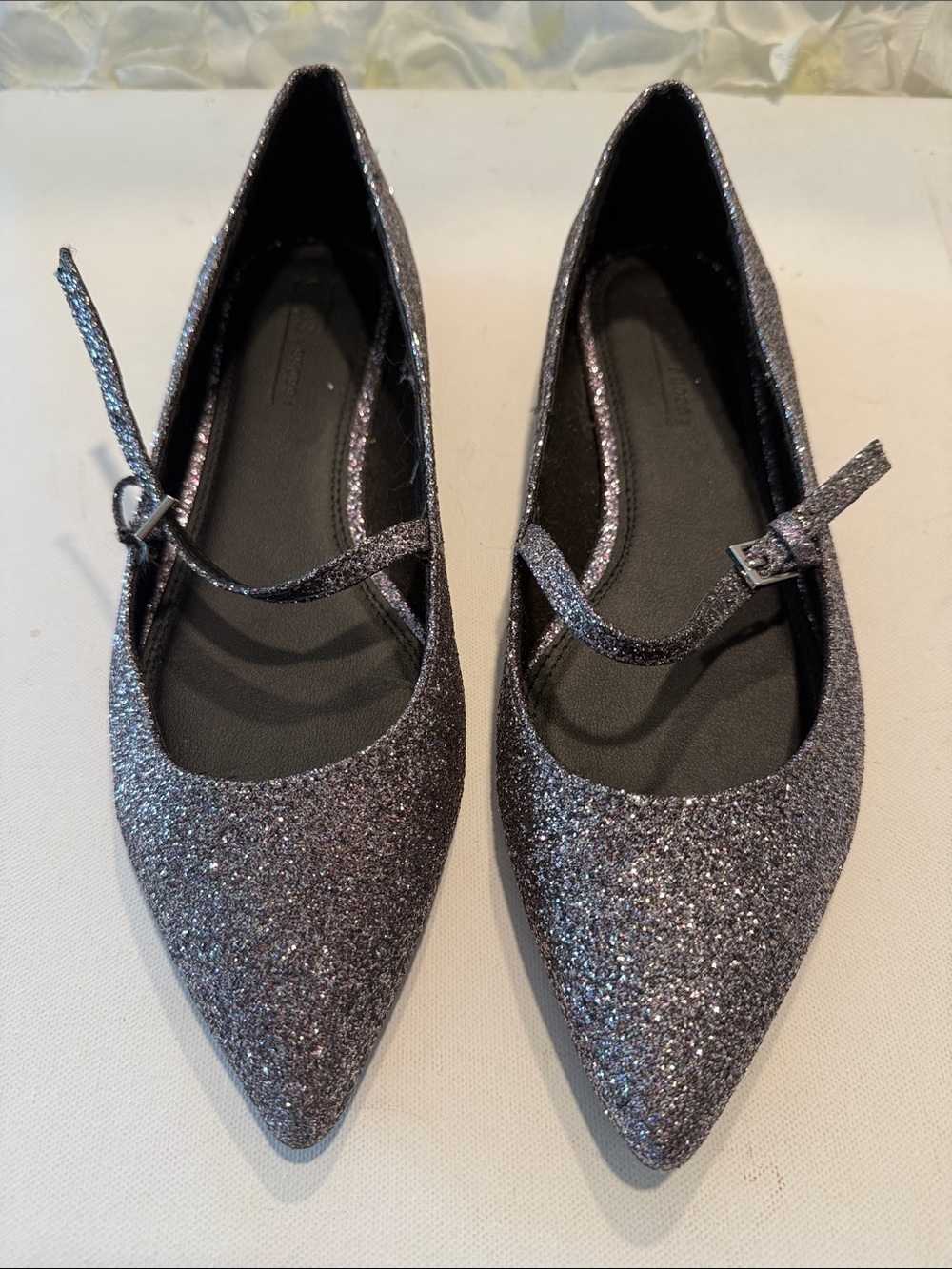 ASOS Glitter Pointed Mary Jane Flats - Silver